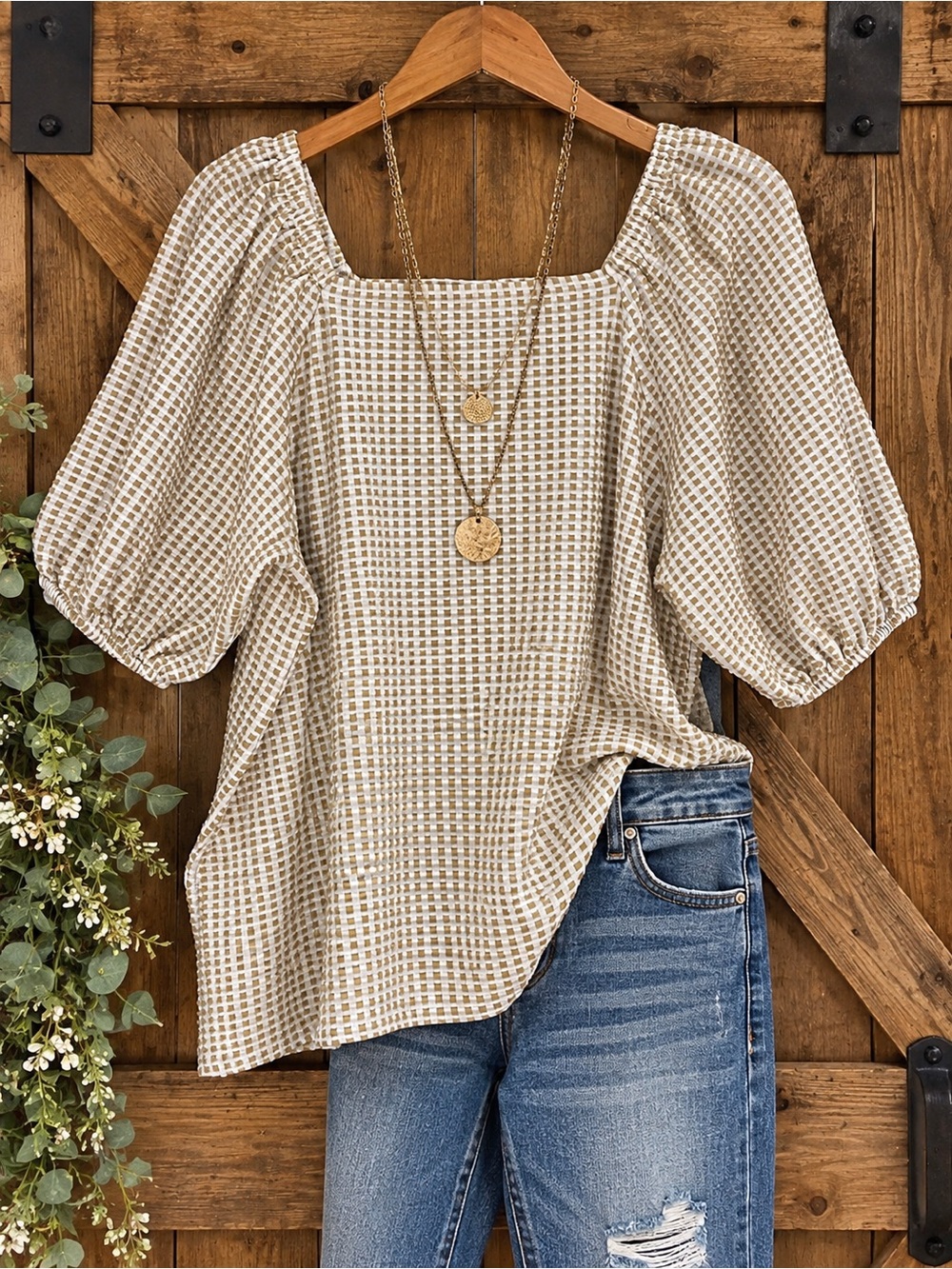 Ava & Viv Cream Plaid Square Neck Puff Sleeve Top